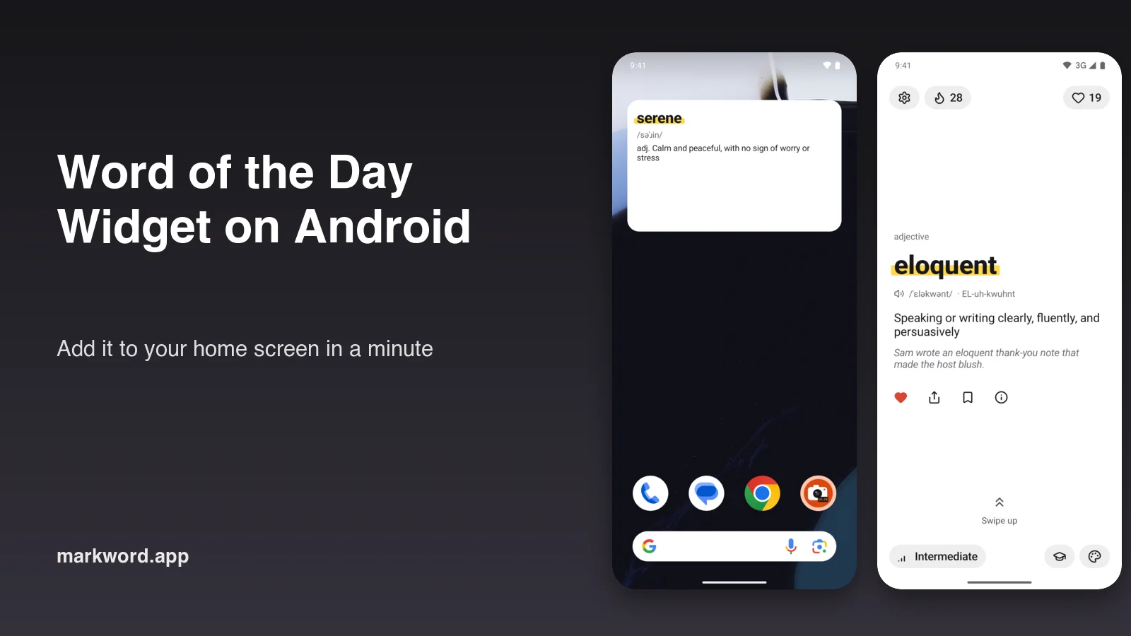 Markword word of the day widget on an Android home screen