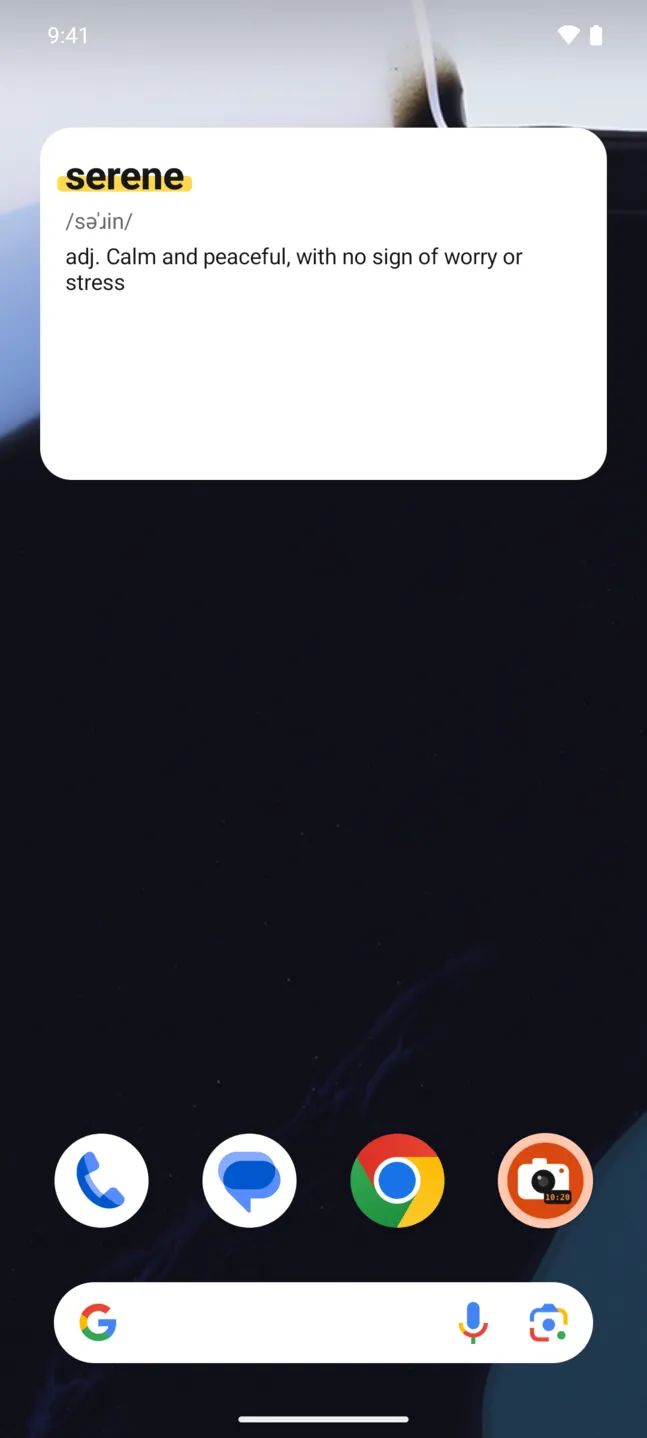 Markword word of the day widget on an Android home screen showing the word serene with its pronunciation and meaning