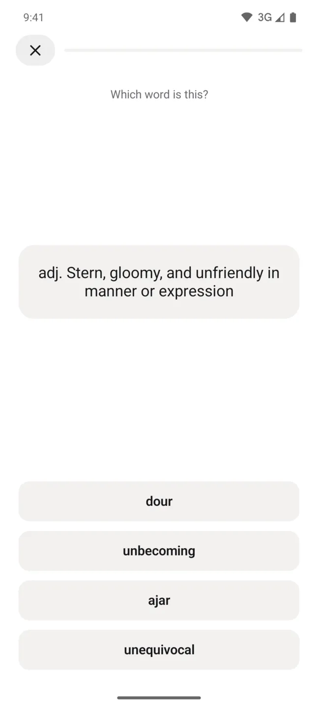 Markword practice round asking which word matches the definition stern, gloomy and unfriendly, with four answer choices