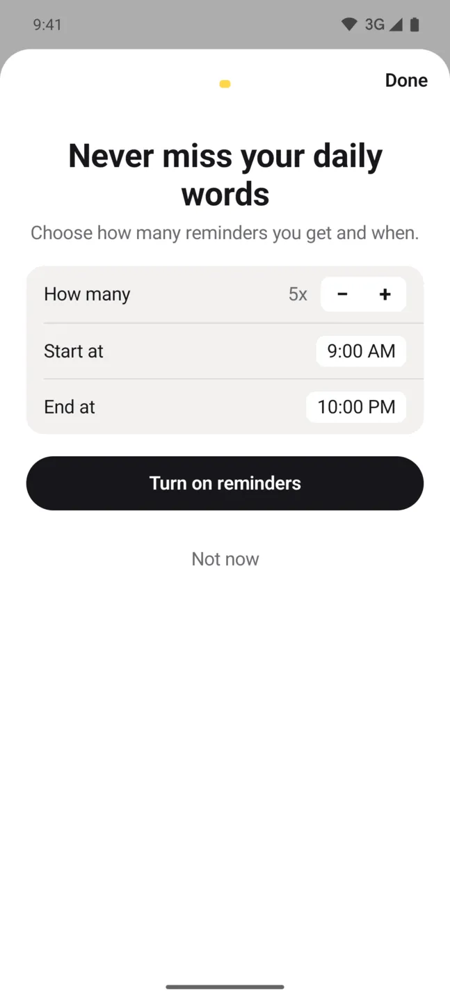 Markword reminder settings with how many daily words and the start and end time