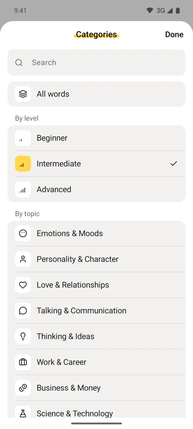 Markword categories screen with Emotions and Moods and Personality and Character topics