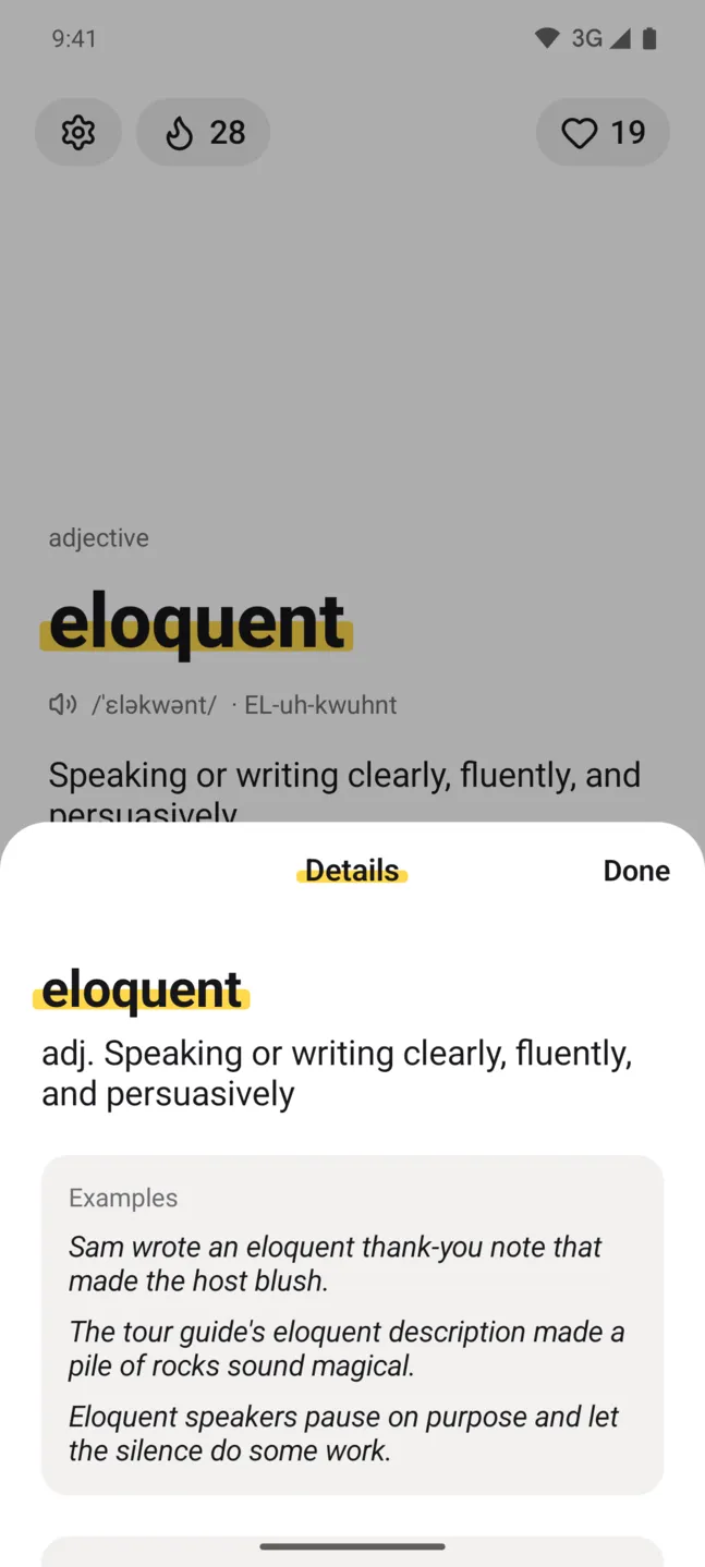 Markword word details for eloquent with the definition and three example sentences